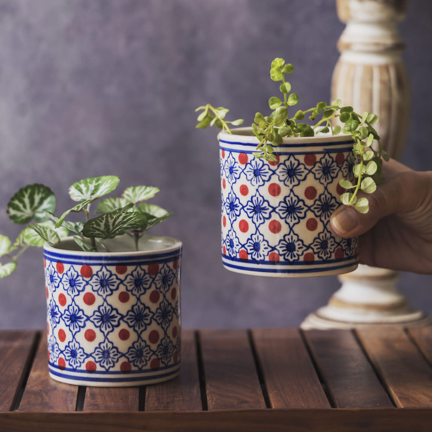 Garden Gleams Blue Pattern Small Planter Pot Set of 2