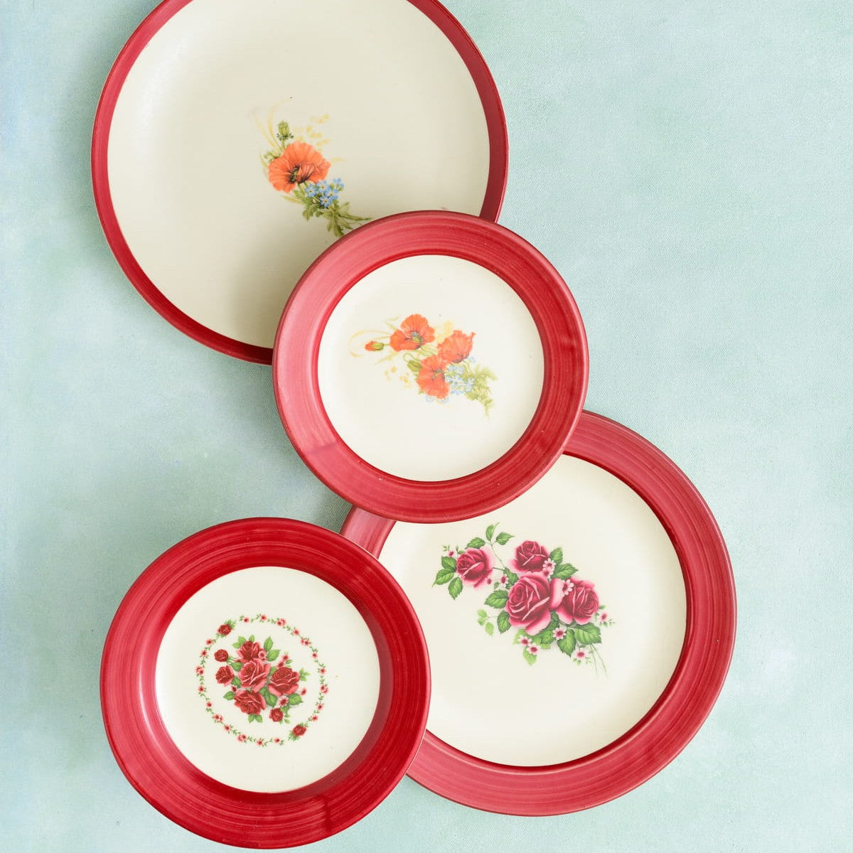 Floral Whispers in Red Wall Decor Ceramics Plate Set of 4