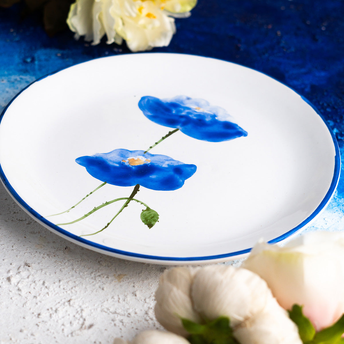 Blue Flowers Handpainted Wall Decor Ceramic Single Plate
