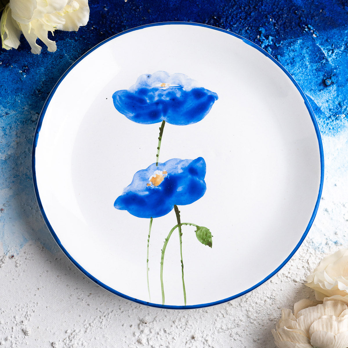 Blue Flowers Handpainted Wall Decor Ceramic Single Plate