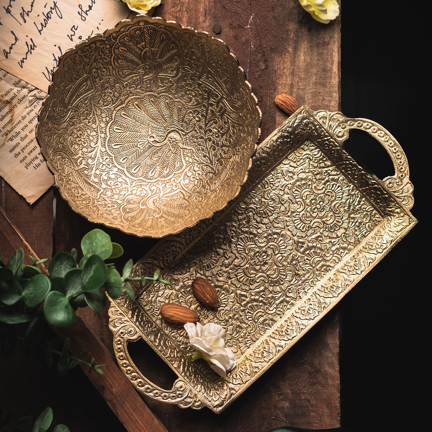 Saubhagya Brass Serving Tray and Large Serving Bowl