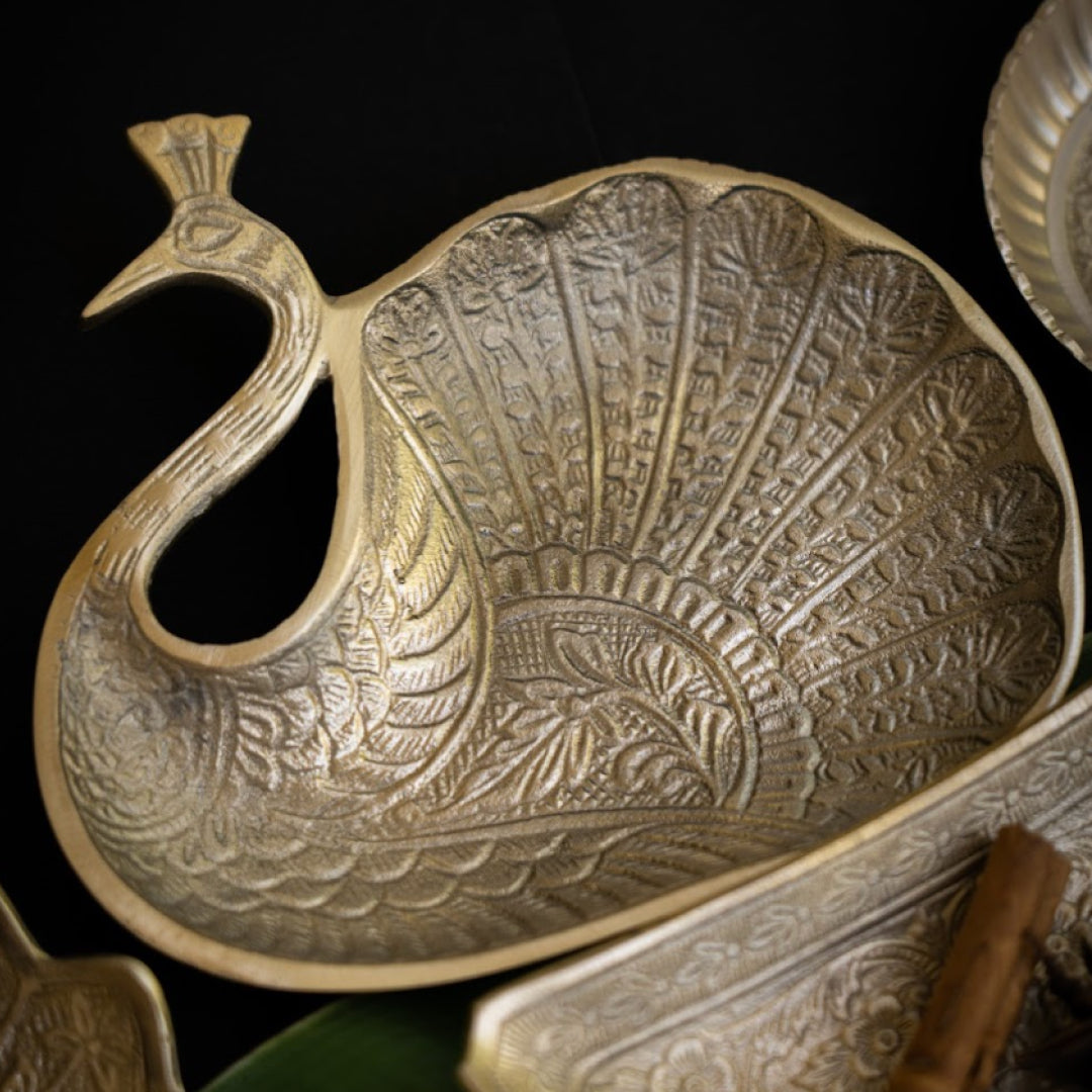Saubhagya Embossed Serving Platters and Plates with Gold Finish Set of 13