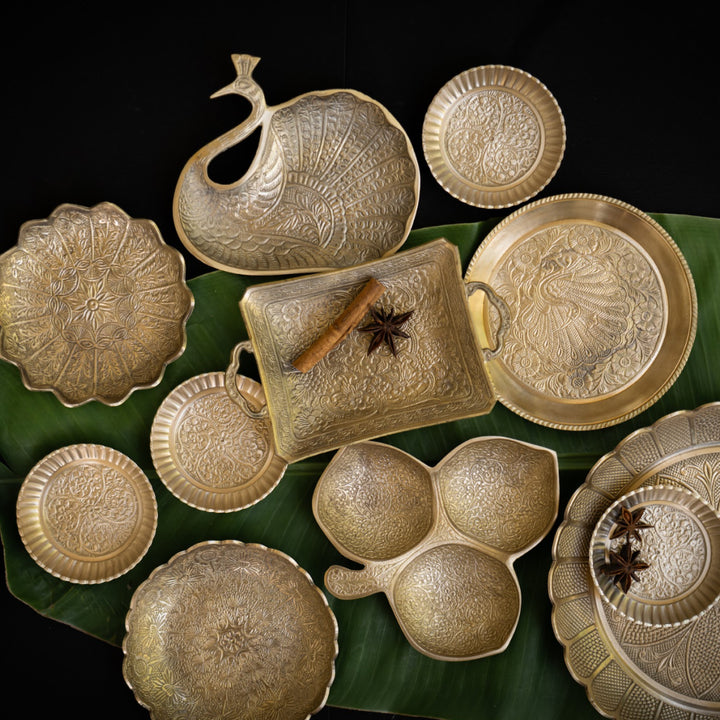 Saubhagya Embossed Serving Platters and Plates with Gold Finish Set of 11
