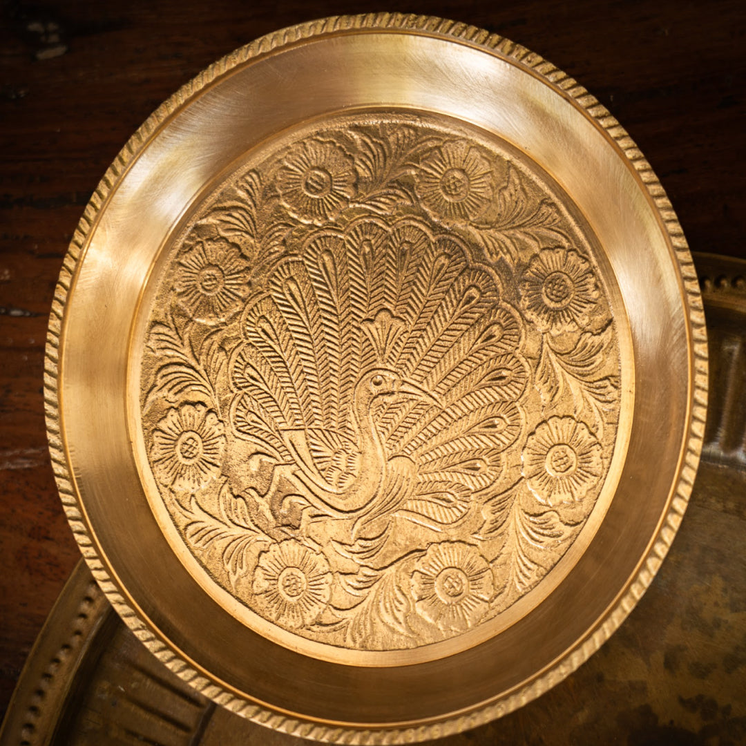 Saubhagya Embossed Brass Plates with Gold Finish Set of 3