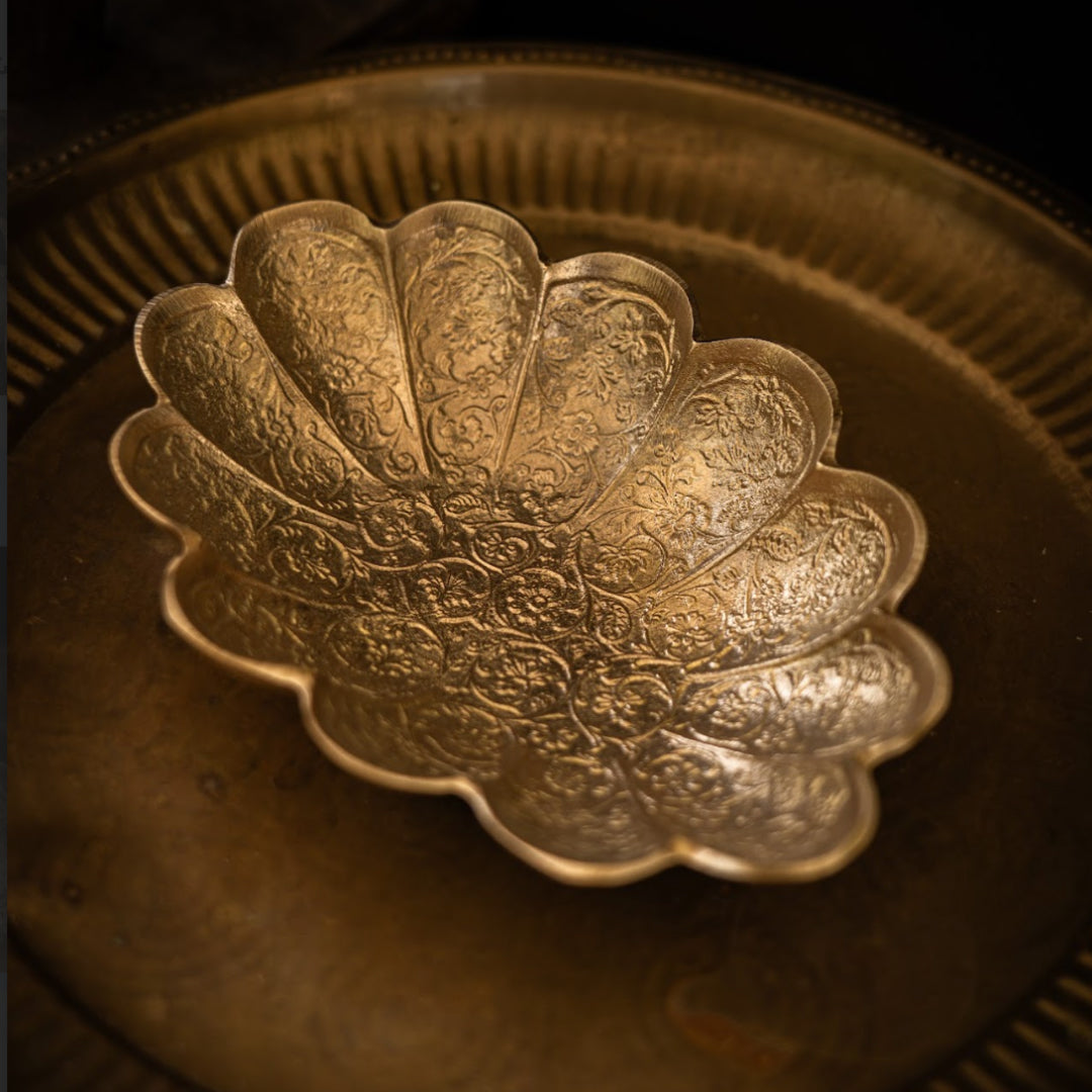 Saubhagya Brass Floral Platter Medium with Gold Finish