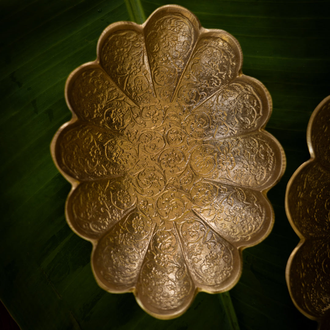 Saubhagya Brass Floral Platter Medium with Gold Finish