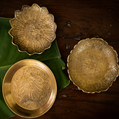 Saubhagya Embossed Brass Plates with Gold Finish Set of 3