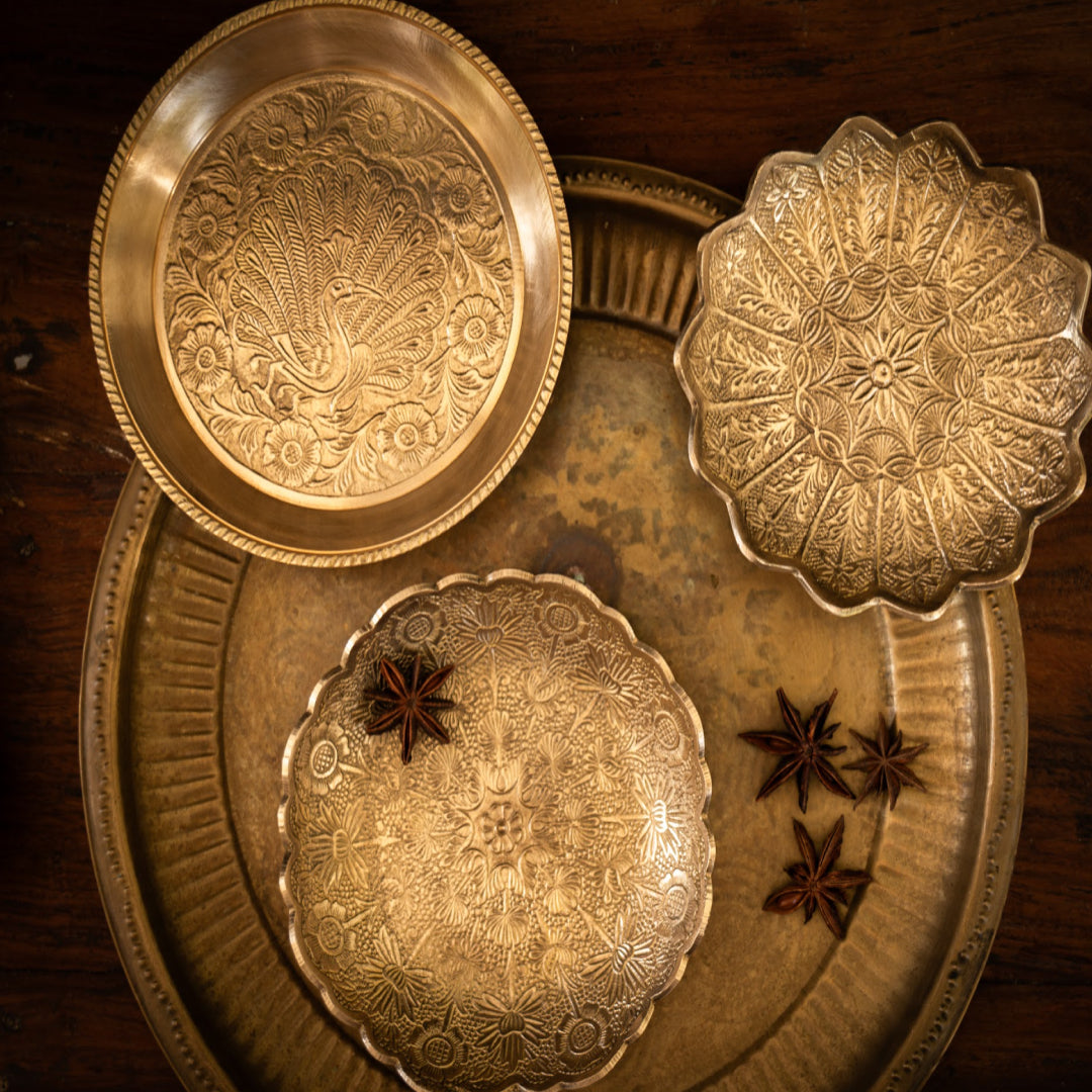 Saubhagya Embossed Brass Plates with Gold Finish Set of 3
