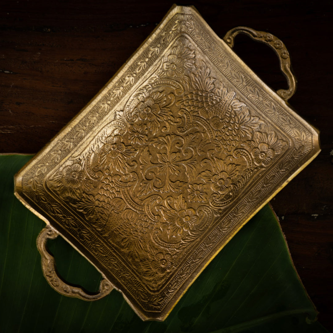 Saubhagya Brass Rectangular Platter with Gold Finish