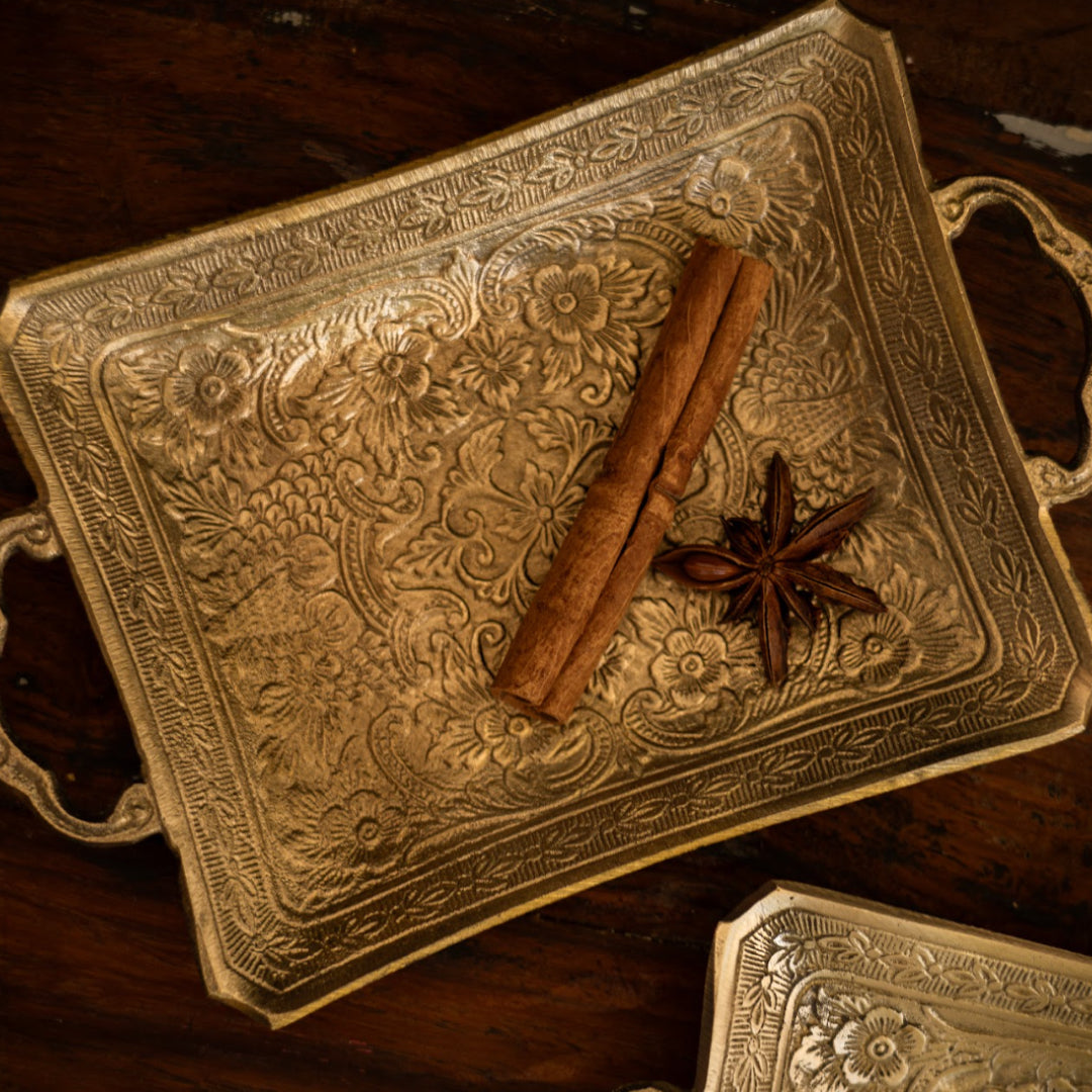 Saubhagya Brass Rectangular Platter with Gold Finish