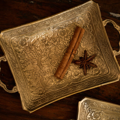 Saubhagya Brass Rectangular Platter with Gold Finish