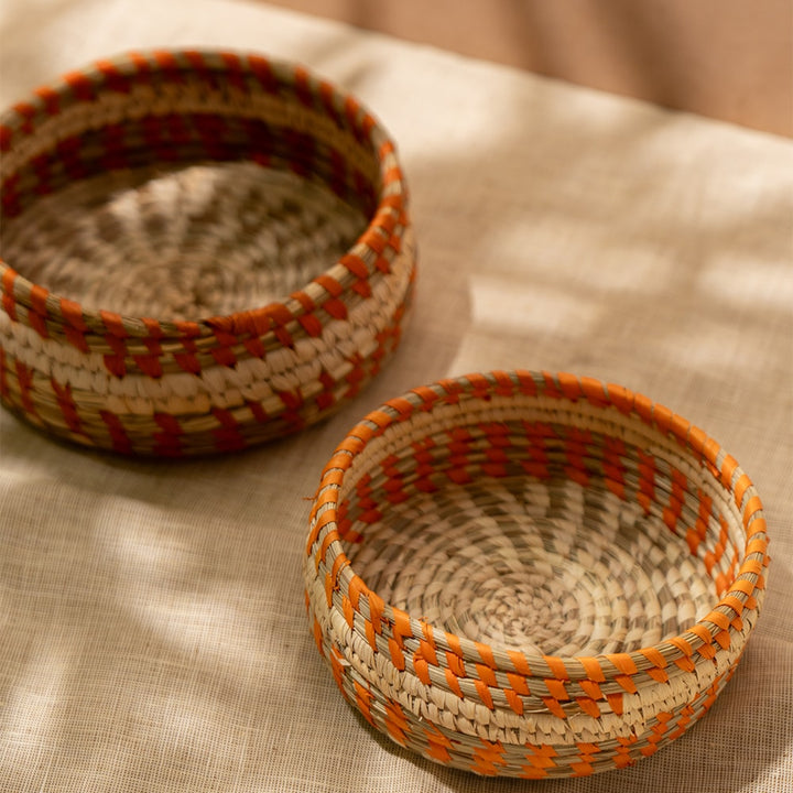 Bunaee Handcrafted Beige &amp; Brown Sabai Grass Multipurpose Storage Box Set of 2