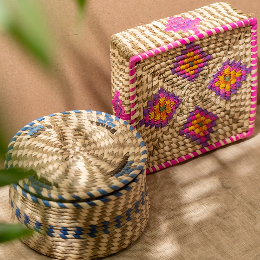 Bunaee Handcrafted Colourful Sabai Grass Multipurpose Storage Box Set of 2