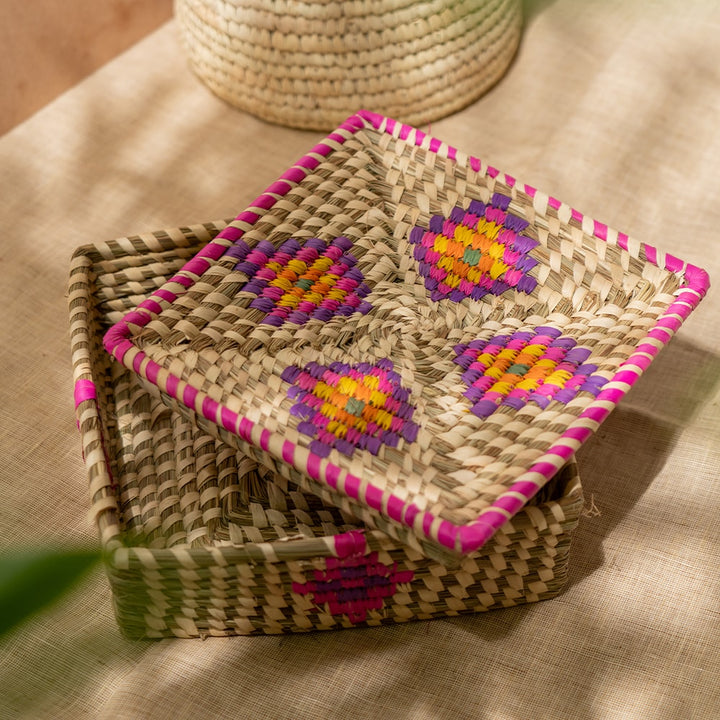 Bunaee Sabai Pink and Beige Handcrafted Storage Box