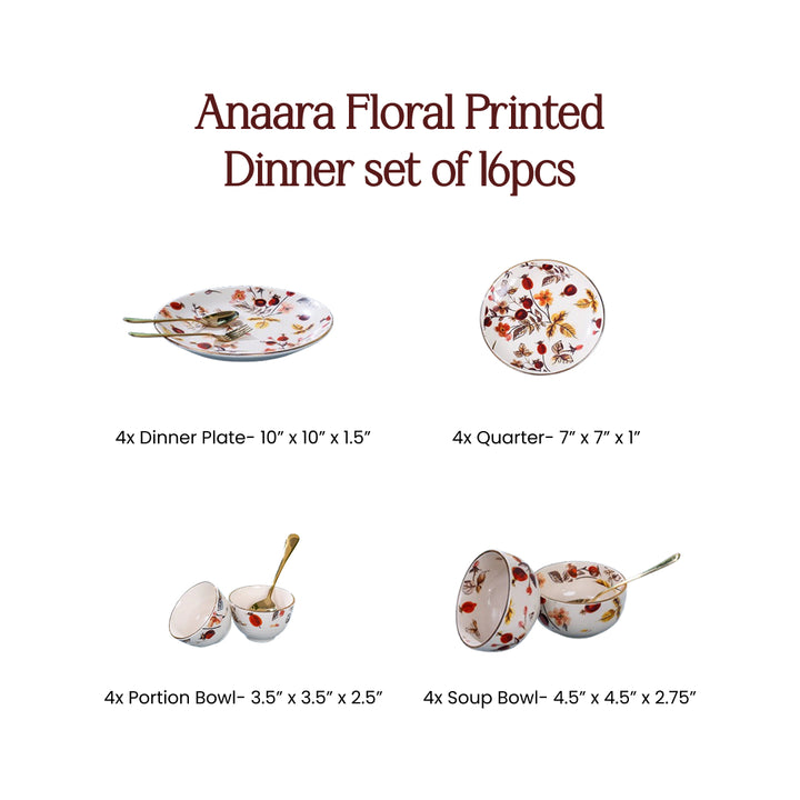 Anaara Floral Printed Dinner Set of 16 pcs