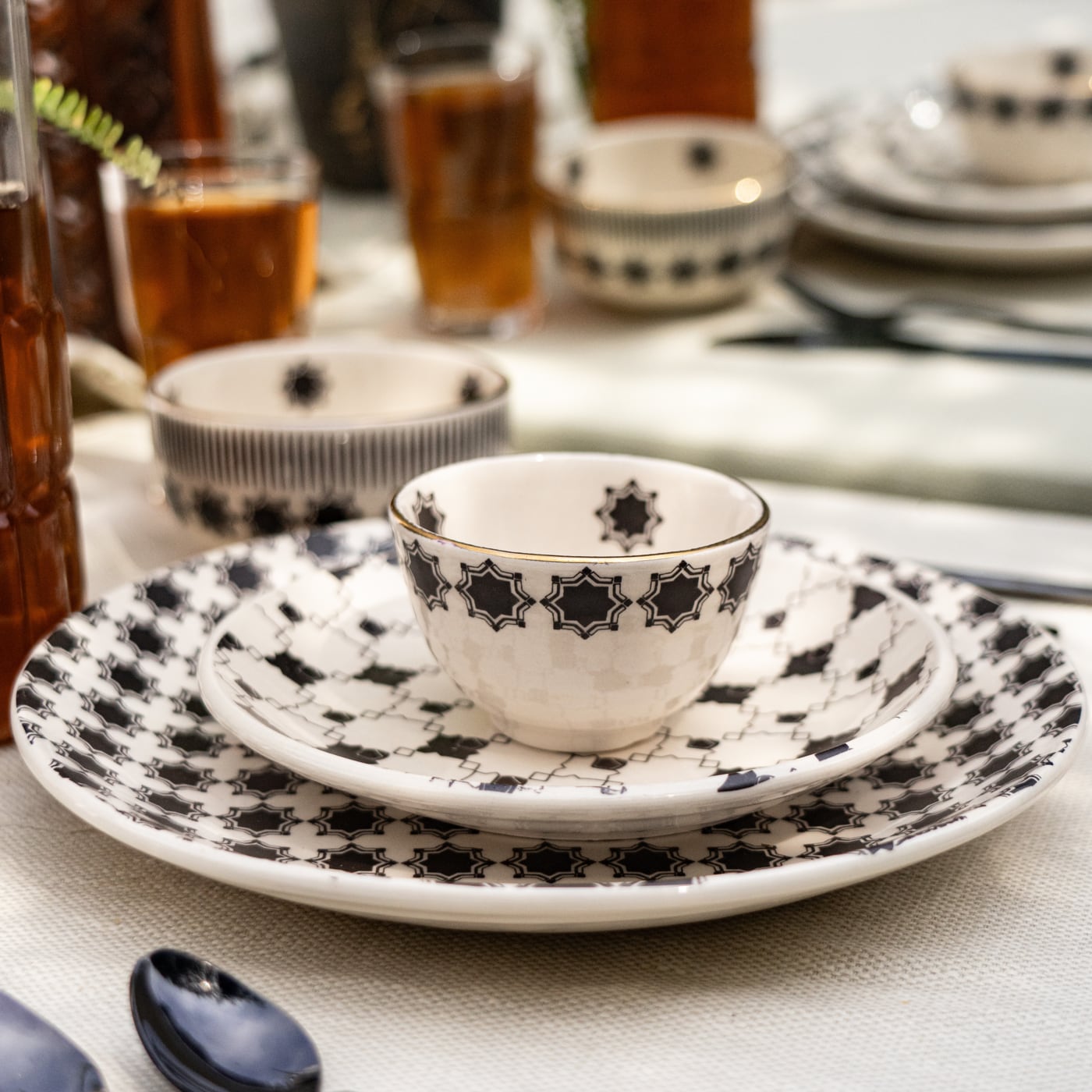 Sam Rnjr Shatranj Black and White Printed Dinner Set of 12 pcs – Amalfiee Ceramics