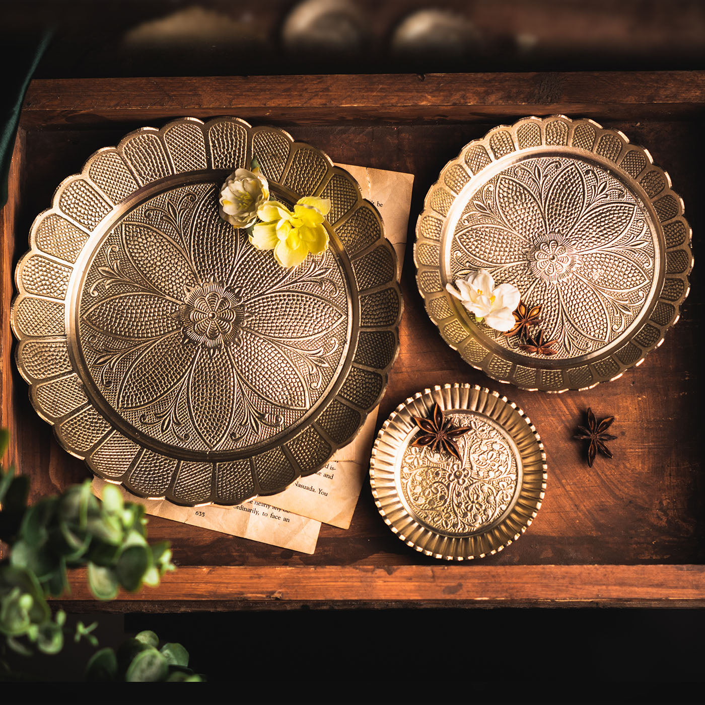 Saubhagya Brass Serving Plates with Gold Finish Set of 3