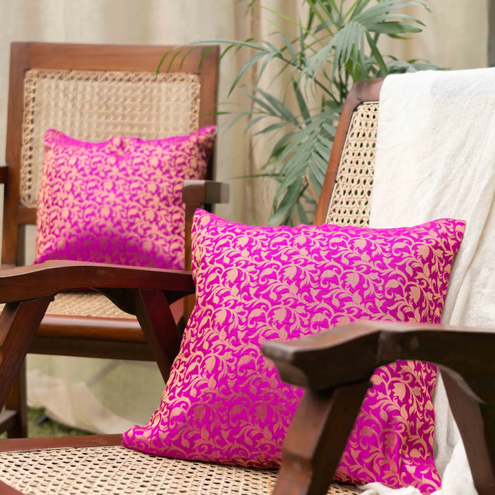 Vasant Pink-Gold Floral Silk Brocade Aashiyana Cushion Cover