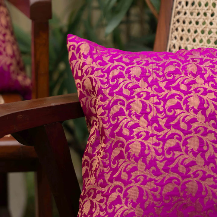 Vasant Pink-Gold Floral Silk Brocade Aashiyana Cushion Cover
