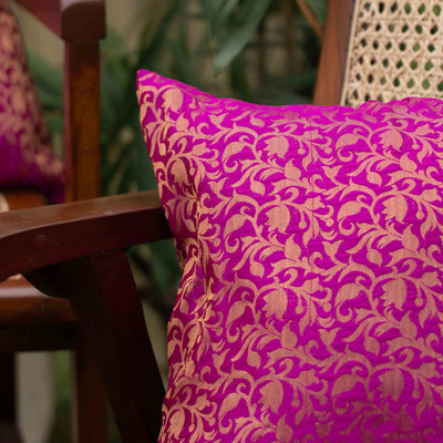 Vasant Pink-Gold Floral Silk Brocade Aashiyana Cushion Cover