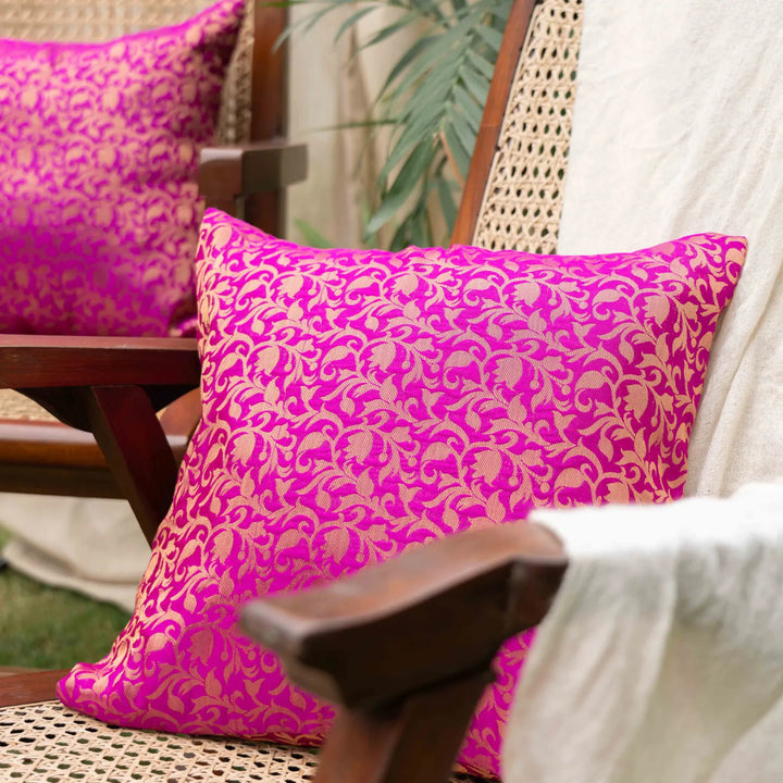 Vasant Pink-Gold Floral Silk Brocade Aashiyana Cushion Cover