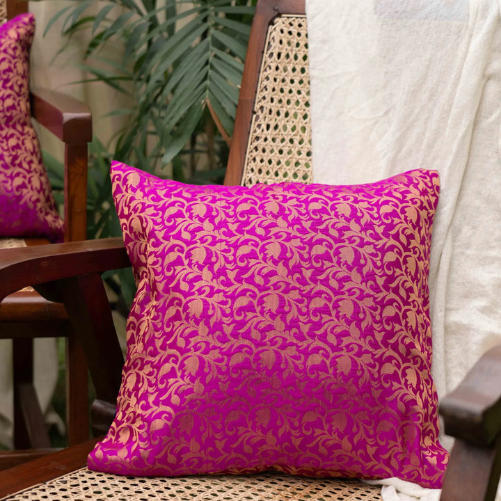 Vasant Pink-Gold Floral Silk Brocade Aashiyana Cushion Cover
