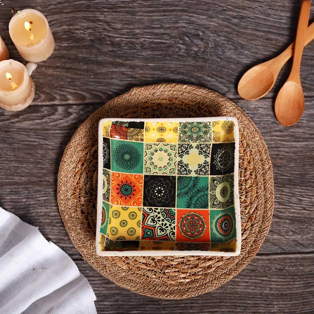Amalfiee 6.5" Handmade Ceramic Cheque Floral Chaukone Tray Amalfiee_Ceramics