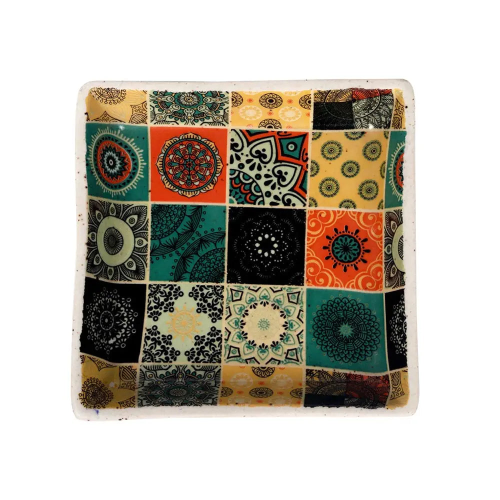 Amalfiee 6.5" Handmade Ceramic Cheque Floral Chaukone Tray Amalfiee_Ceramics