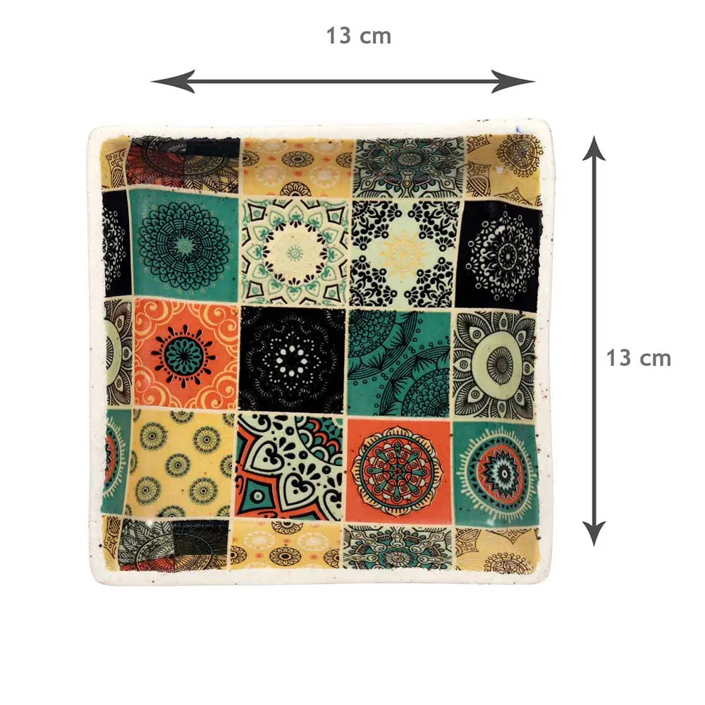 Amalfiee 6.5" Handmade Ceramic Cheque Floral Chaukone Tray Amalfiee_Ceramics