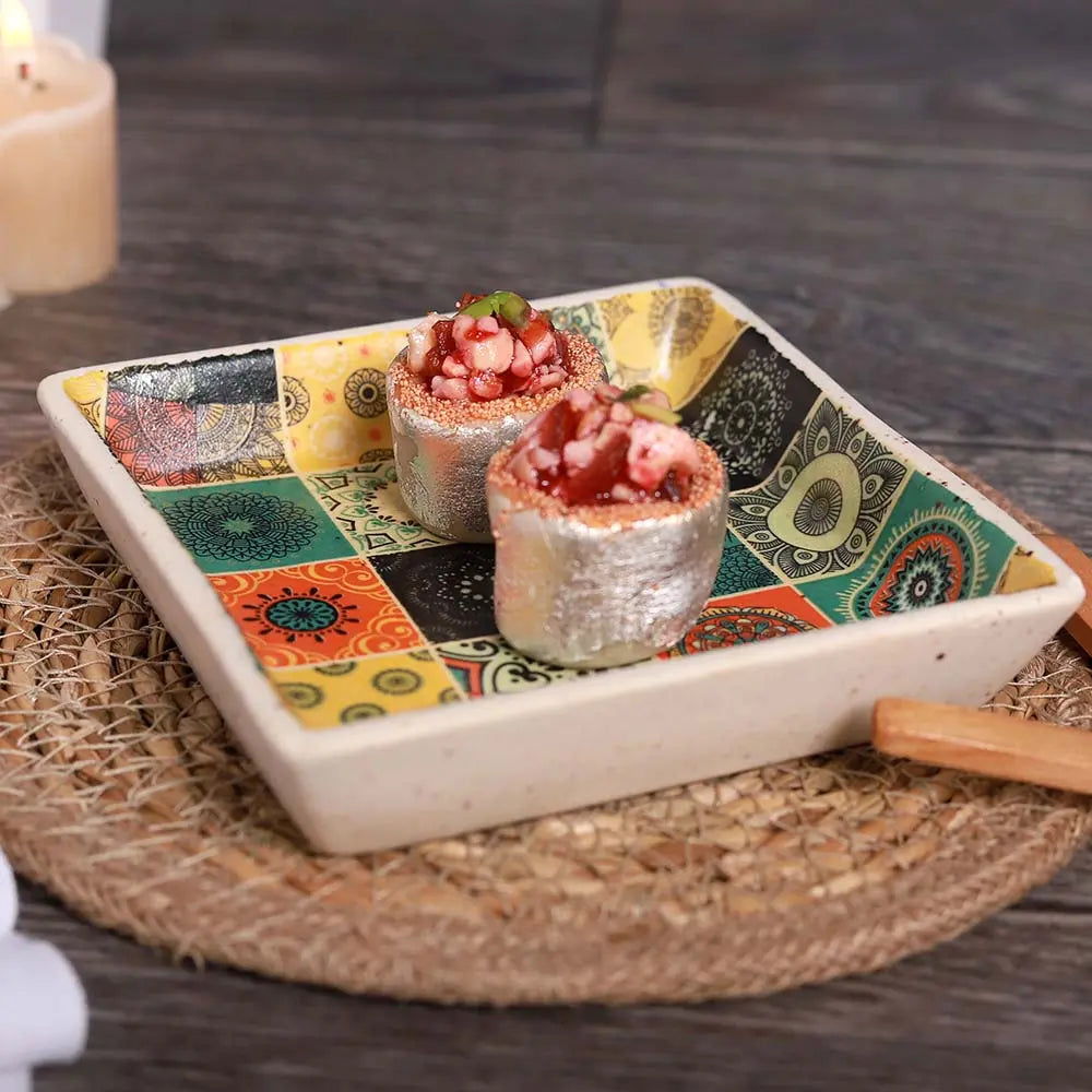 Amalfiee 6.5" Handmade Ceramic Cheque Floral Chaukone Tray Amalfiee_Ceramics