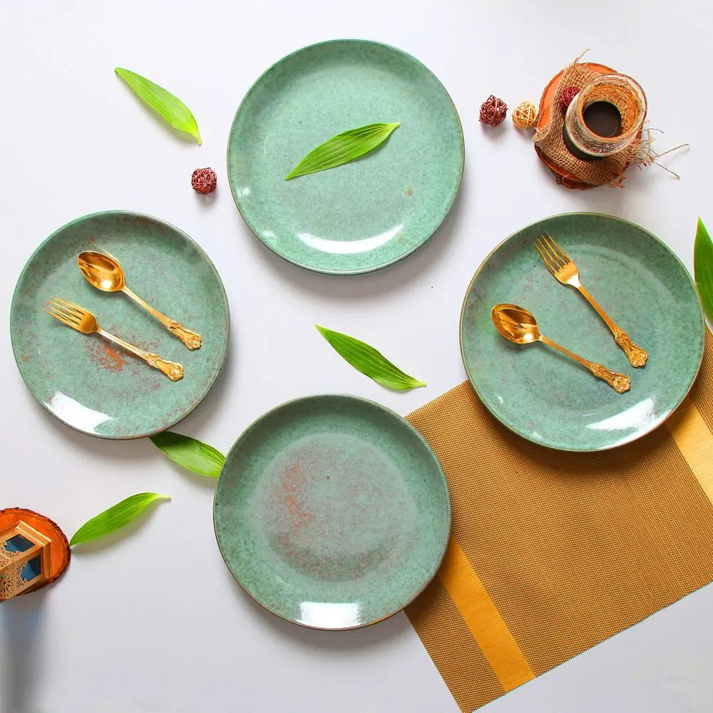 Amalfiee Handmade 10" Komal Green Full Ceramic Dinner Plate Set of 4 Amalfiee_Ceramics