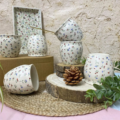 Amalfiee Handmade 300ml Fulhari Printed Ceramic Tea Kulhad Set of 6 and Serving Tray Amalfiee_Ceramics