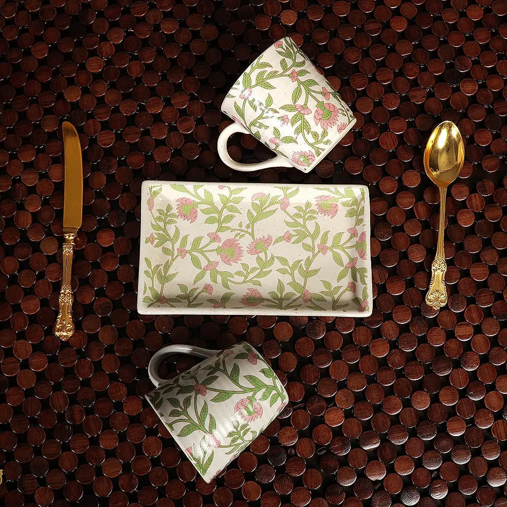 Amalfiee Handmade Kamal Print Ceramic Coffee Mug and Tray Set of 3 Amalfiee_Ceramics
