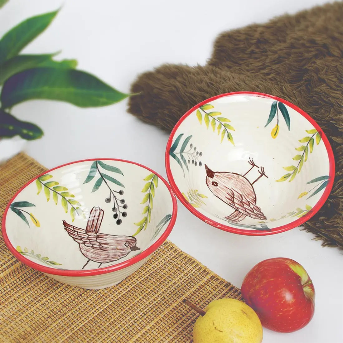 Handpainted Bird Print Ceramic Bowl Serving Set 2 Amalfiee_Ceramics