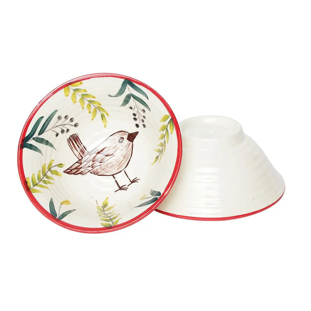 Handpainted Bird Print Ceramic Bowl Serving Set 2 Amalfiee_Ceramics
