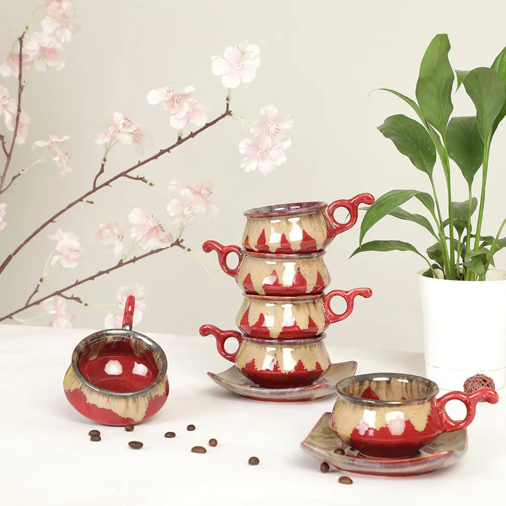 Raajsi Mher-o-Maah Red and Beige Ceramic cup and saucer Amalfiee_Ceramics