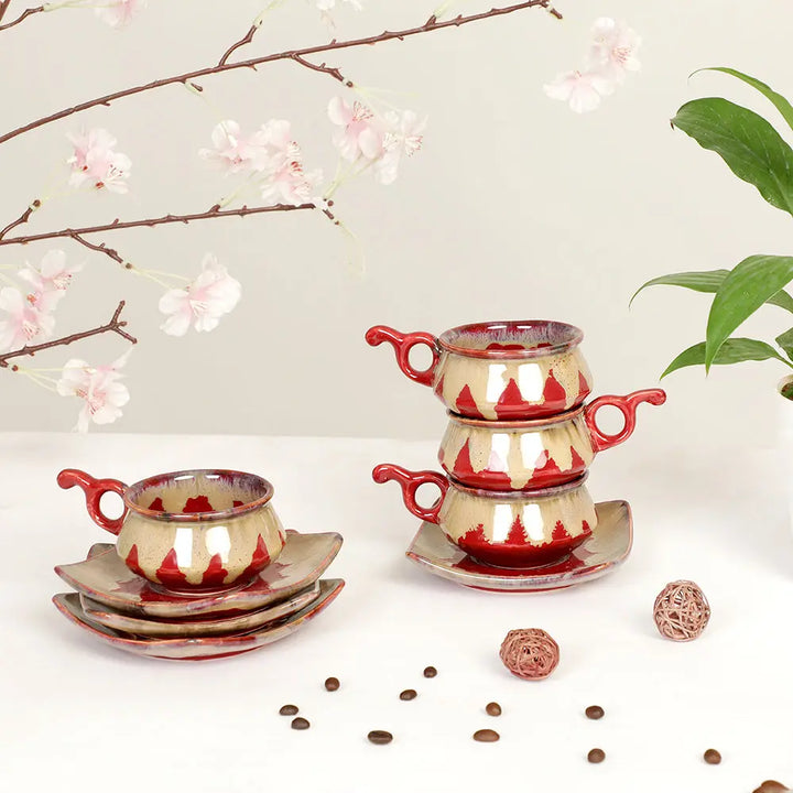 Raajsi Mher-o-Maah Red and Beige Ceramic cup and saucer Amalfiee_Ceramics