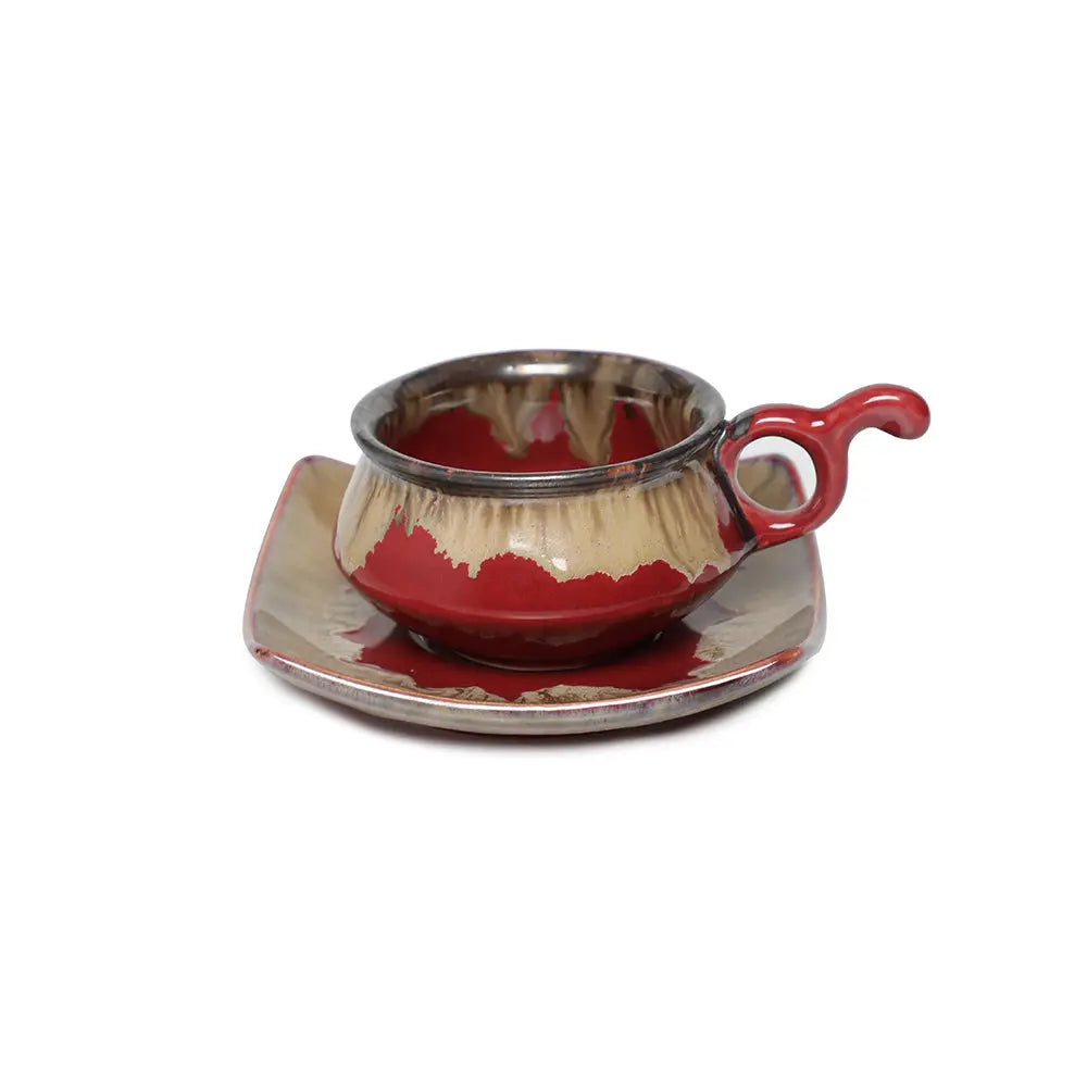 Raajsi Mher-o-Maah Red and Beige Ceramic cup and saucer Amalfiee_Ceramics
