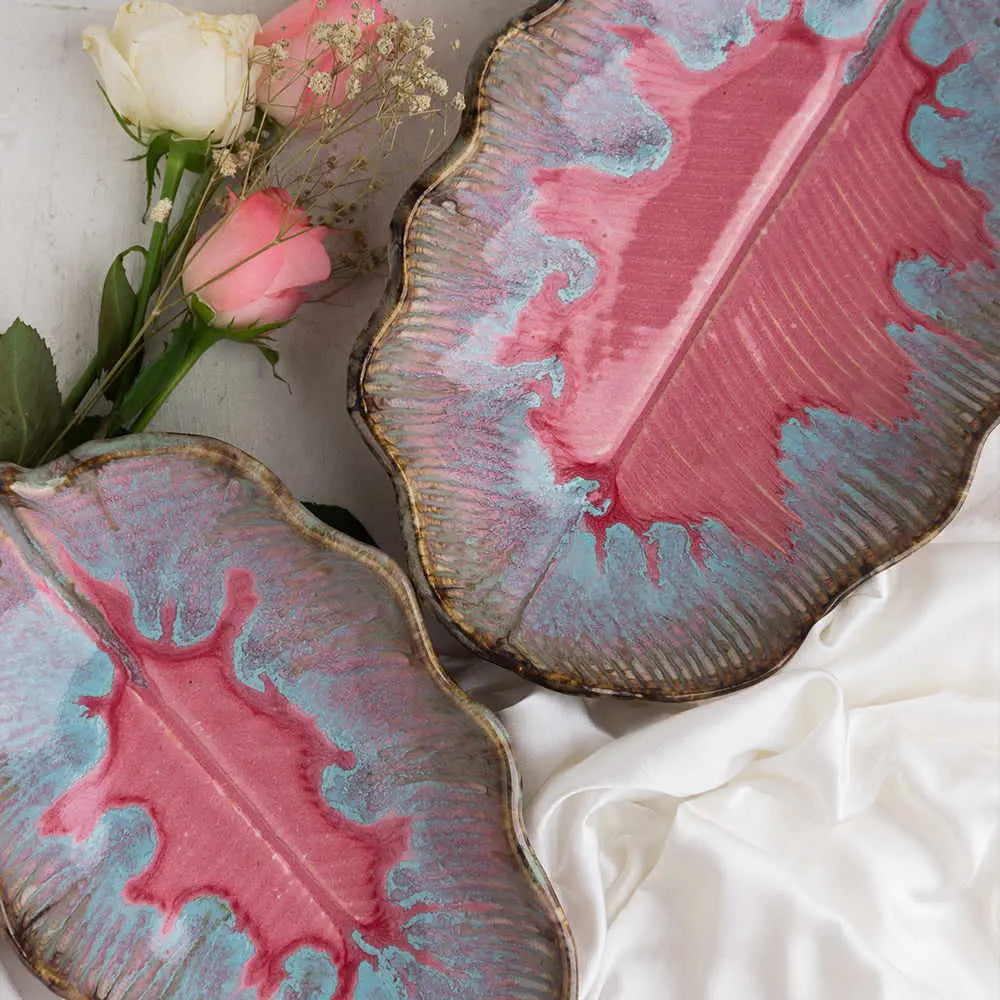 Rouge 9" Ceramic Serving Leaf Platter Bowl Set of 2 Amalfiee Ceramics